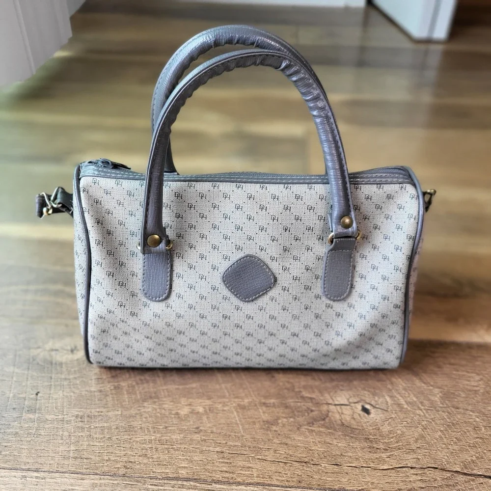 Vintage Grey Monogram Satchel Bag Art No 3913 Crossbody Barrel Purse